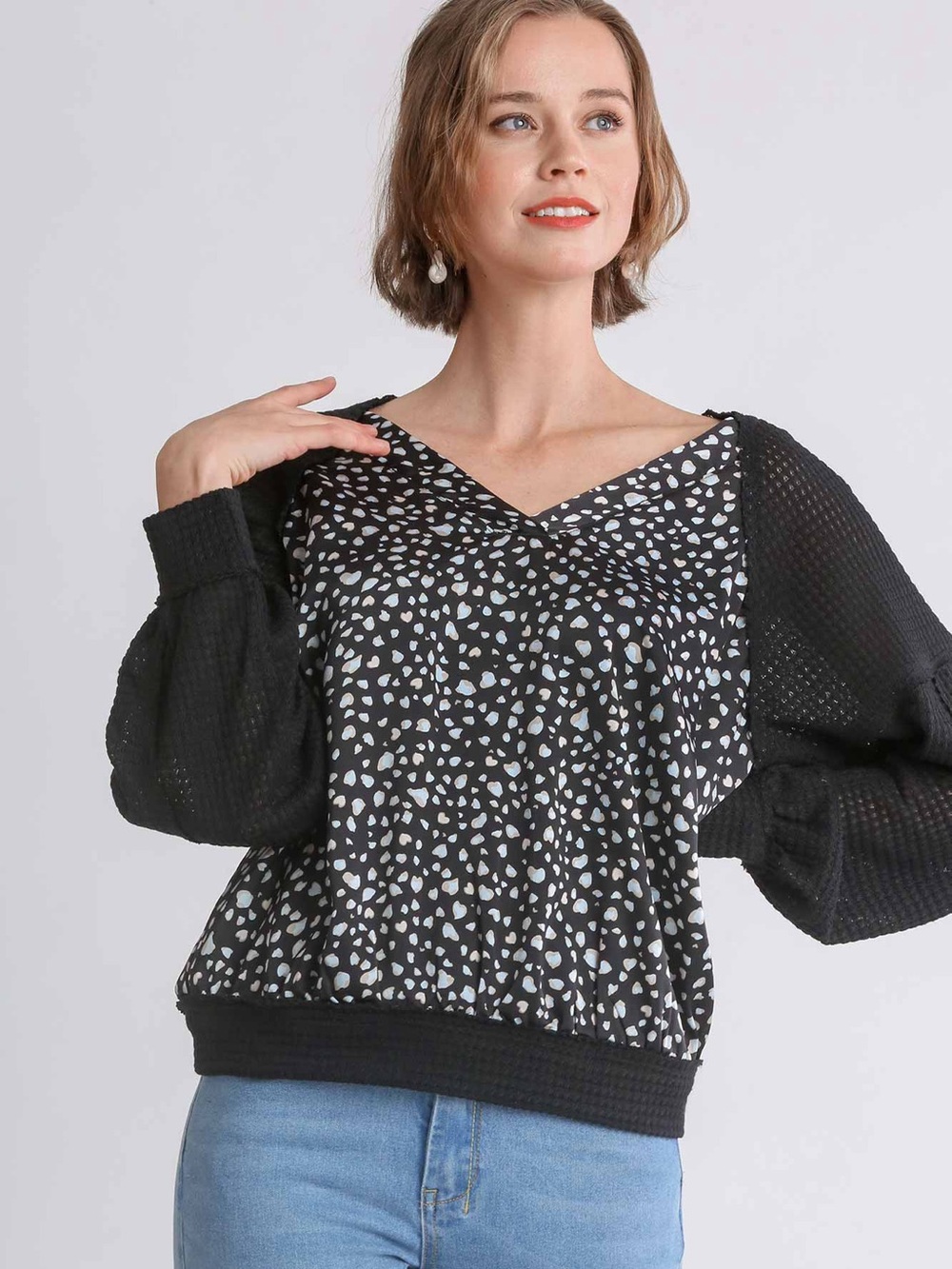 Umgee Black Waffle Knit Top with White Spot Heart Print Blouse